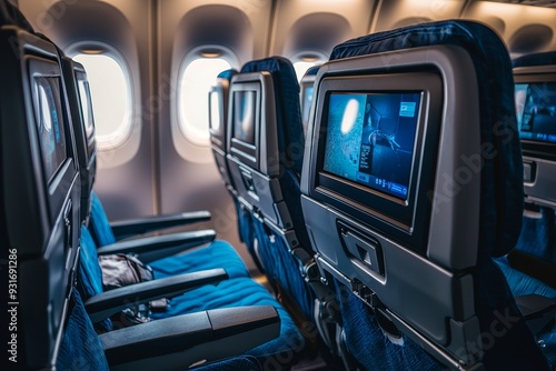 A widebody airliner with economy class seats equipped with entertainment systems.