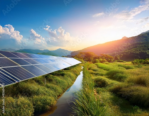 In a lush field, solar panels capture sunlight sustainably, blending technology and nature in harmony.