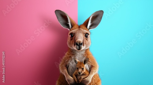 A mother kangaroo with a joey in her pouch stands against a pink and blue background.