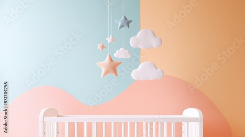 A simple baby crib with a mobile of stars and clouds above, set against a pastel background, [baby crib], [modern and serene]