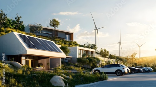 Sustainable Energy Efficient Modern Home with Solar Panels Wind Turbines and Electric Vehicles in the Parking Lot