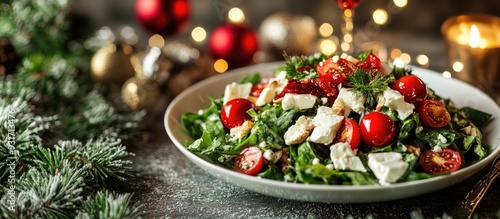 Winter Christmas salad Tasty salad featuring Chinese cabbage feta cherry tomatoes and canned tuna on a holiday table Copy space