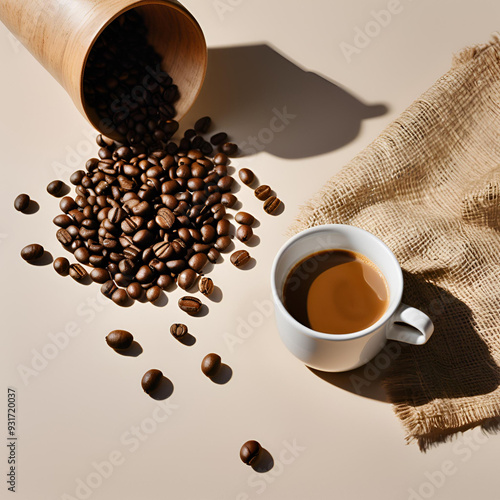 Xícara de café com grãos na mesa.