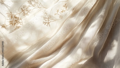 Create an ethereal boho wedding textile background featuring gently draped neutral beige linen. Add abstract floral patterns with delicate sunlight shadows for an artistic finish