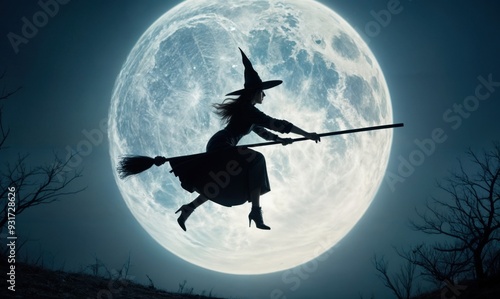 A witch is flying on her broomstick in front of a full moon