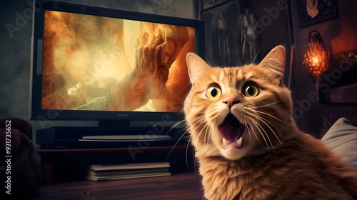 Surprised, terrified and scared cat watching shocking news on TV. Creative background.