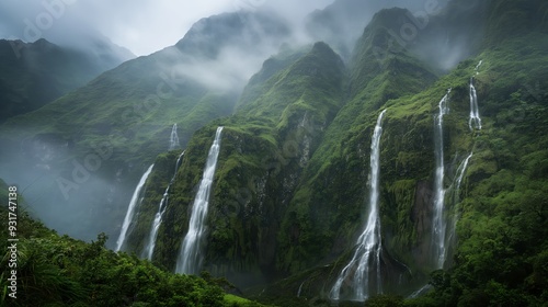 A lush green mountain range with a series of waterfalls cascading down the side. The waterfalls are surrounded by dense vegetation, creating a serene and peaceful atmosphere