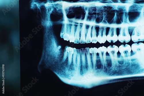 Panoramic dental X-ray showing jaw and teeth