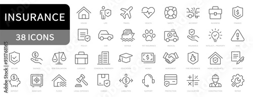 Insurance line icons set. Insurance symbols. Car, Health, Life, House, Business insurance symbol. Editable stroke icons. Vector