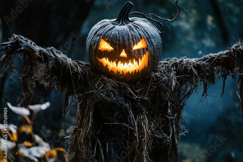 Terrifying Halloween Scarecrow with Glowing Pumpkin Head. A chilling image of a scarecrow with a jack-o'-lantern head, its fiery glow illuminating the dark, eerie forest on Halloween night. 