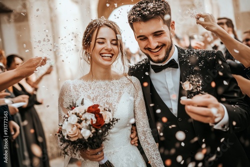 Newlywed couple walking happily while friends and family throwing confetti on couple at the wedding ceremony in front of the church