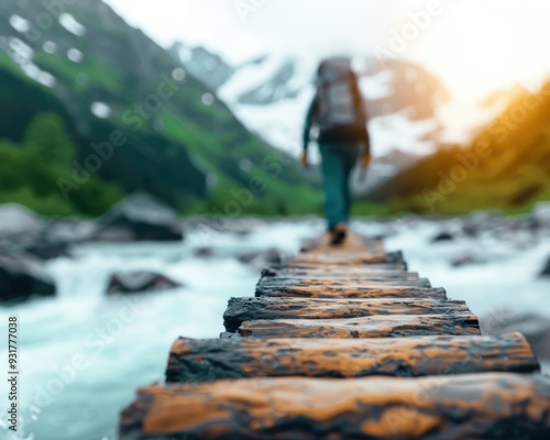 Illustrate a hiker crossing a narrow wooden bridge over a rushing river selective focus, nature challenge, dynamic, Silhouette, river backdrop