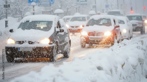 Cars Stuck in Traffic During Heavy Snowfall in City 