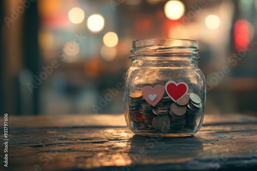 A close-up view of a small, delicate money jar filled with shiny coins, featuring two tiny heart-shaped stickers. The background is softly blurred, highlighting the essence of a charity event.