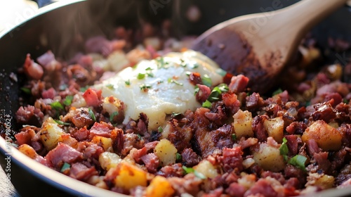 Close-up of corned beef hash in a skillet.