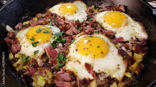 Four perfectly fried eggs with hash browns and corned beef.