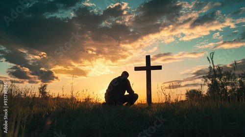 A man silhouette kneeling beside a wooden cross in a meadow during a beautiful sunset, embodying themes of Christian faith, repentance, and the hope for forgiveness and salvation.