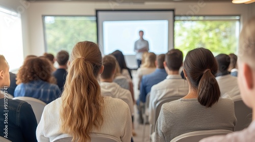 Group of diverse people attentively listening to presentation in modern conference room. Engaged audience focused on speaker delivering informative session.