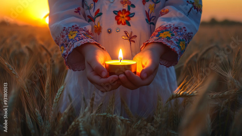 Burning candle held by a child wearing an embroidered Ukrainian shirt, set against a wheat field at sunset. A conceptual photo commemorating the Holodomor tragedy in Ukraine, with a message to stop .