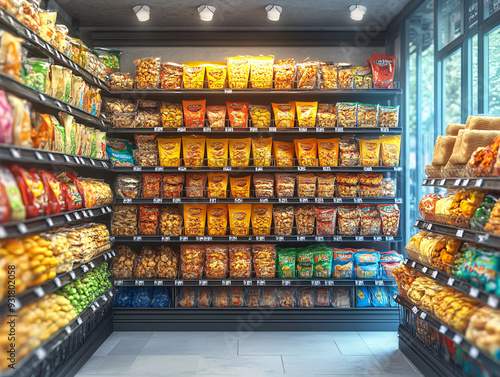 grocery store aisle, with a variety of snacks, chips, and candy neatly arranged on the shelves.