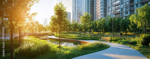 Beautiful urban park with lush greenery, pathways, and sunlight filtering through trees, surrounded by modern apartment buildings.