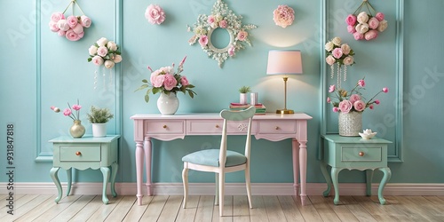 Pastel dream desk with soft pink and blue hues, floral embellishments, and a whimsical and girly aesthetic.