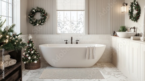 A bathroom with a large white bathtub and a wreath on the wall. The bathroom is decorated with Christmas trees and a wreath