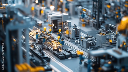 A detailed shot of an industrial assembly line, showing workers assembling components and quality control stations amid a bustling environment