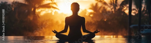 Silhouette of a woman meditating by the water at sunset