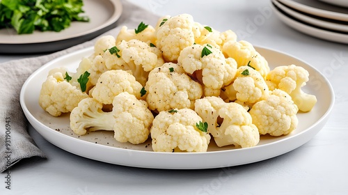 semi close-up of steamed cauliflower florets on a white plate, simple vegan presentation with a sprinkle of sea salt, bright and airy kitchen with natural light, minimalist aesthetic, slightly