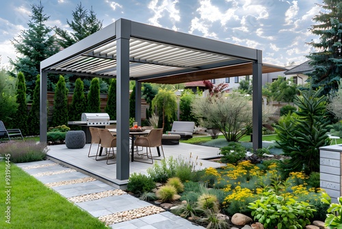 Modern Outdoor Living Space with Pergola and Lush Landscaping