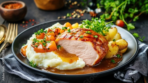 Ham being served with a side of mashed potatoes and gravy, with a comforting, home-cooked feel