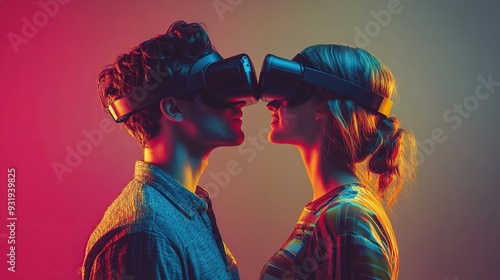 Couple on a date in virtual reality headset. Romantic couple portrait in virtual reality. Relationship online. Virtual love romance family. copy space for text.