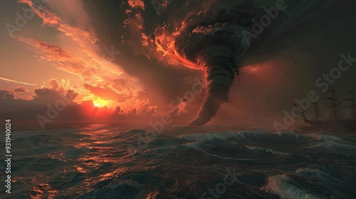 A tornado in the middle of the vast ocean coincides with the rising of the sun