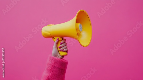 Woman holding yellow megaphone on pink background