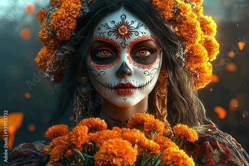 A breathtaking 3D illustration of a woman with Día de los Muertos makeup, holding a bouquet of marigolds, standing in front of a pitch-black background with soft, directional lighting