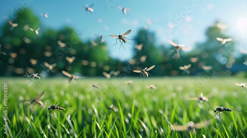 Many mosquitoes fly over green grass field Many mosquitoes fly over green grass field