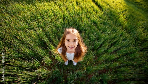 Ein Mädchen inmitten von einem grünen Feld schaut erstaunt nach oben; Aufnahme von oben