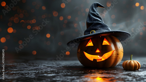 Calabaza de Halloween con sombrero de bruja sobre fondo oscuro