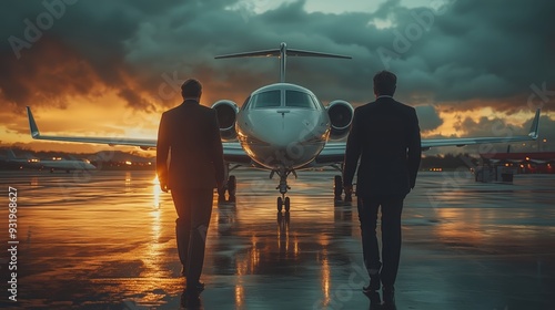 Two professionals stand by a private jet on an airfield as the sun sets in the background, highlighting themes of luxury travel and exclusive business transportation.