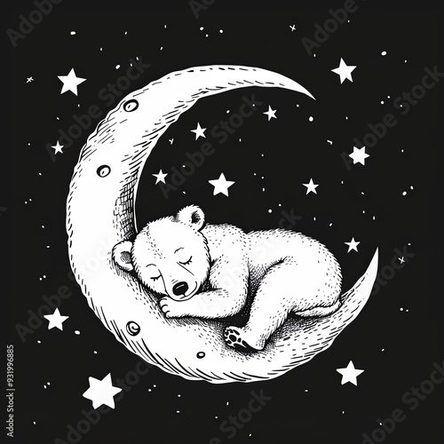 Bear cub sweetly sleeping on a crescent moon. A fairy tale character for a lullaby. Animal in black and white style. Illustration for cover, card, postcard, interior design, decor or print.