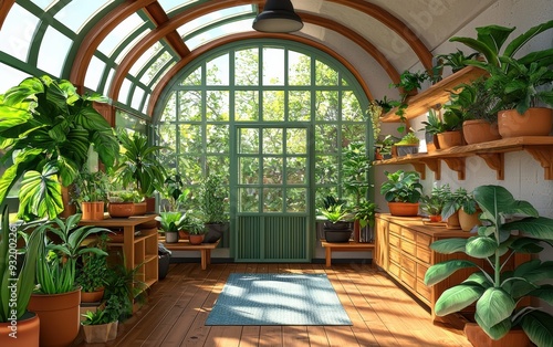 Stunning victorian greenhouse filled with exotic plants in a sunlit interior - 3d illustration