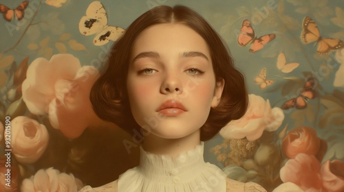 Young woman with her hair styled in a classical renaissance fashion poses for a portrait in front of a floral background with butterflies