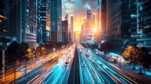 A futuristic cityscape with AI-powered infrastructure, where autonomous vehicles navigate seamlessly, and intelligent buildings adjust lighting and temperature based on real-time data