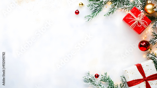 Festive Christmas decorations with gifts, ornaments, and evergreen branches on a white background