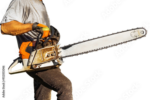 A lumberjack with a chainsaw works. Isolated .