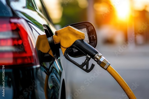 Fuel pump refueling a car at a gas station during sunset, capturing the warm glow of the setting sun. The image focuses on the fuel nozzle and car.