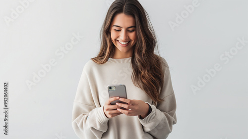 Chica Feliz Usando su Teléfono en Fondo Blanco