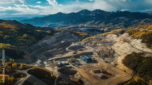 Aerial shot of sulfur mining operation displaying open-pit mine and processing facilities against a mountainous backdrop