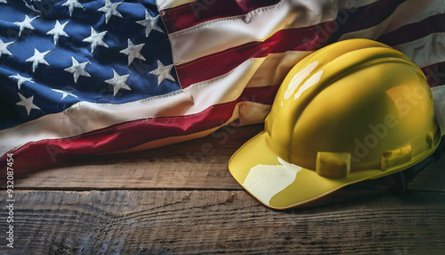 American Flag and Hard Hat on Wooden Background